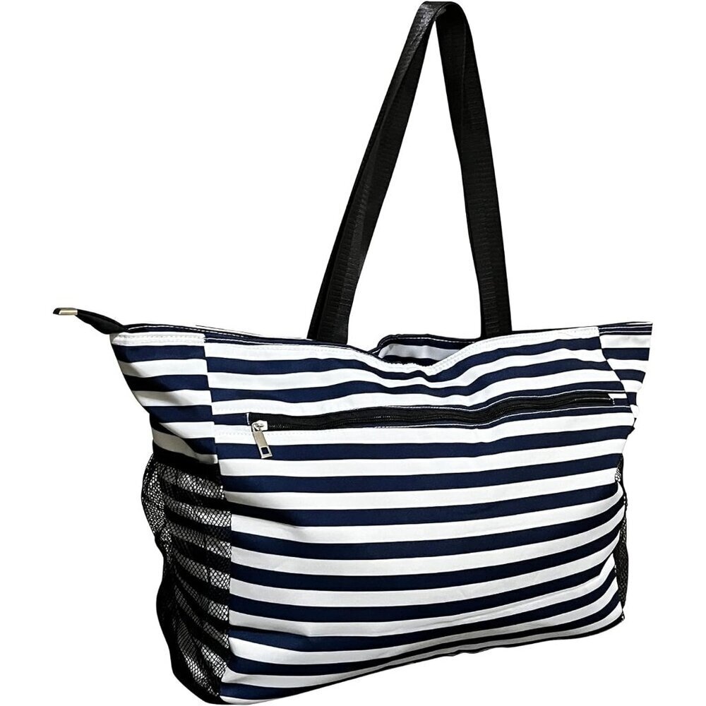 Women's Blue Stripe Tote Bag Large Utility Bag with Pockets Zip for Teacher Work